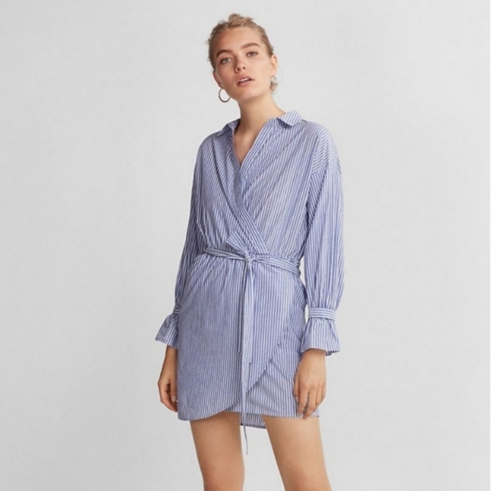 Express Medium Blue and White Wrap Dress
